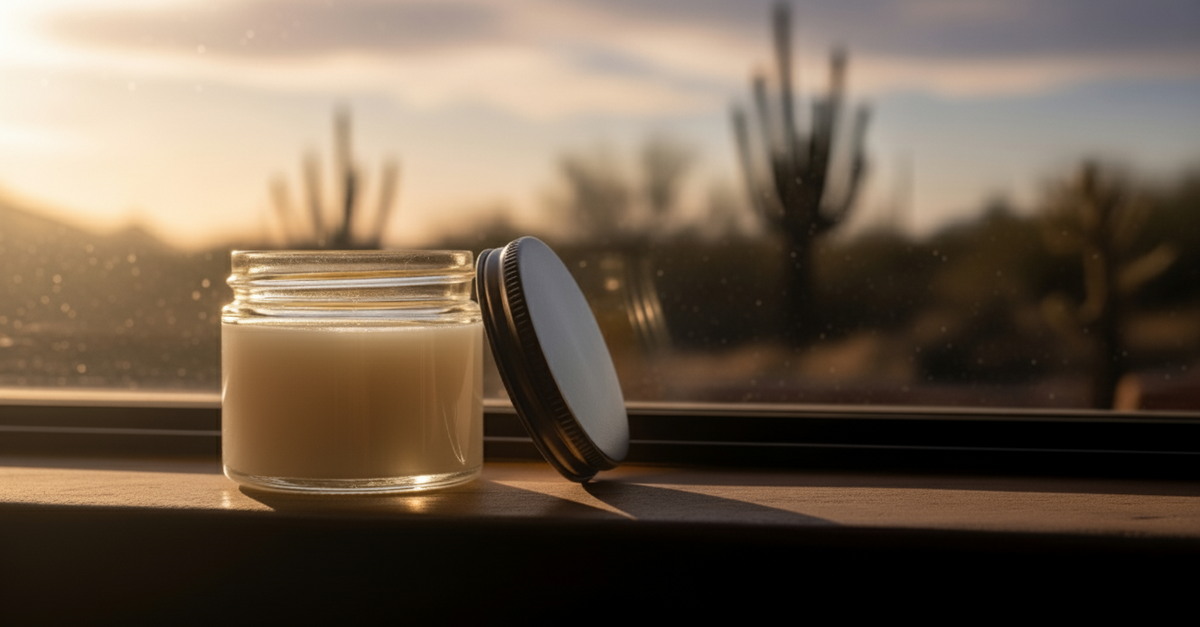Balm jar on stone with desert horizon