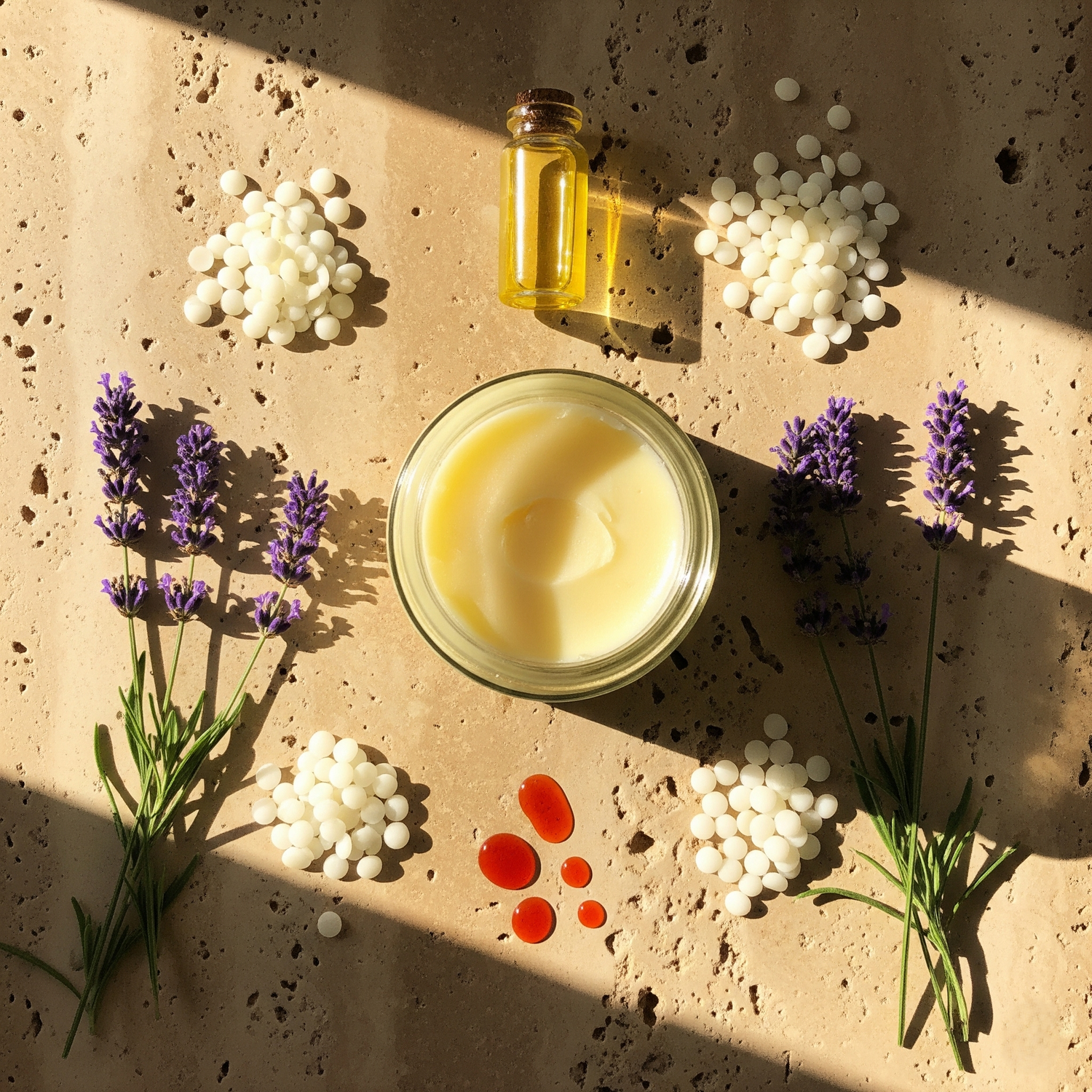 Desert Lavender Tallow Balm on travertine at sunrise